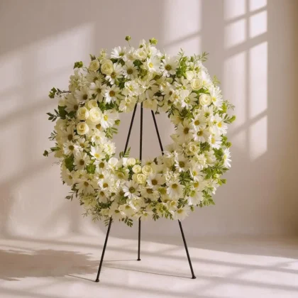 Corona Blanca con Margaritas y Rosas Blancas